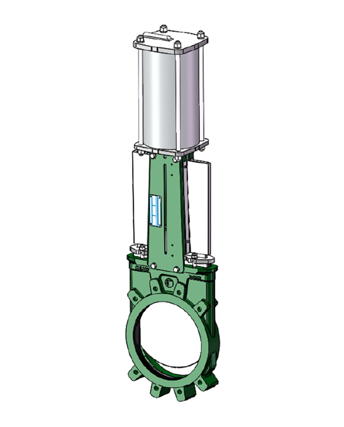 Valvula guillotina bidireccional  – cuerpo hierro fundido – acero inoxidable 304 gate – actuador neumático de doble efecto – serie 20